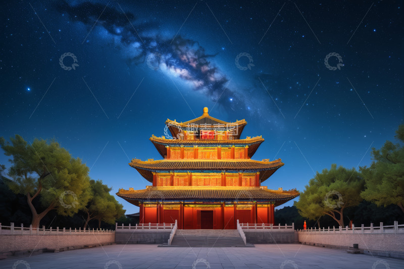 高清大图下载【趣麦麦图】夜空下的中式古建筑景观