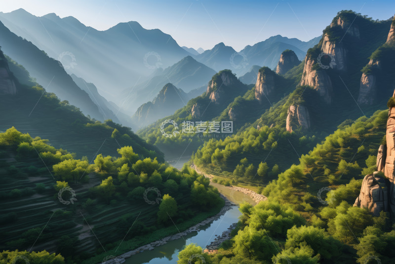 高清大图下载【趣麦麦图】山谷间河流与山林风景