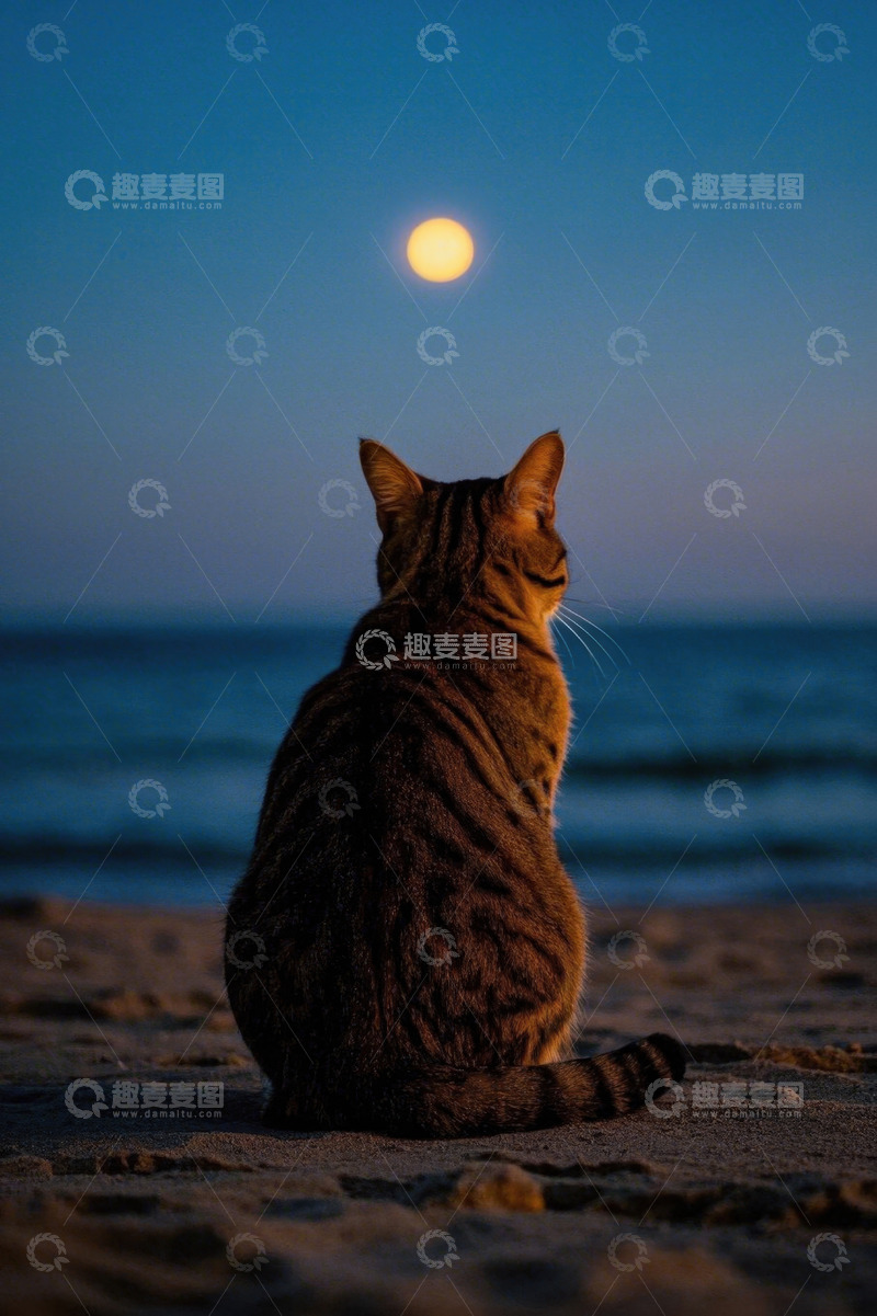 高清大图下载【趣麦麦图】猫咪于海滩赏月背影