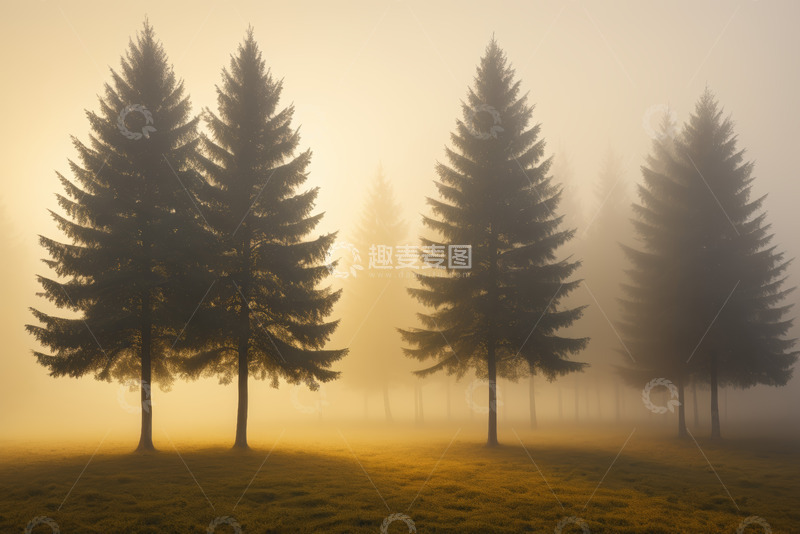 高清大图下载【趣麦麦图】晨雾中的森林树木景观