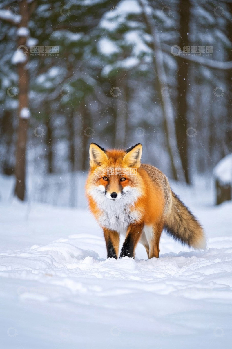 高清大图下载【趣麦麦图】雪地中行走的野生红狐狸