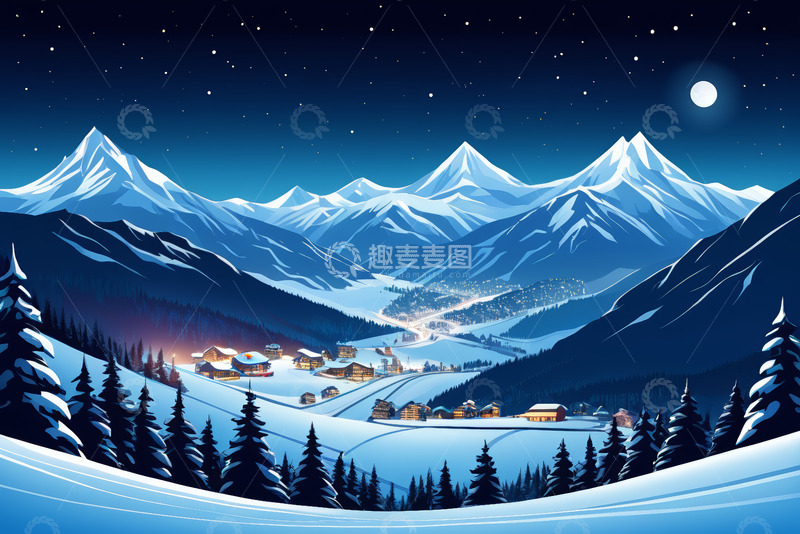 高清大图下载【趣麦麦图】雪山下的冬日夜景村落