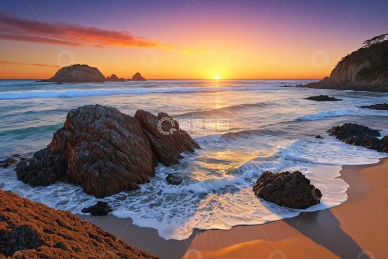 高清大图下载【趣麦麦图】海滩日落海浪与礁石景观