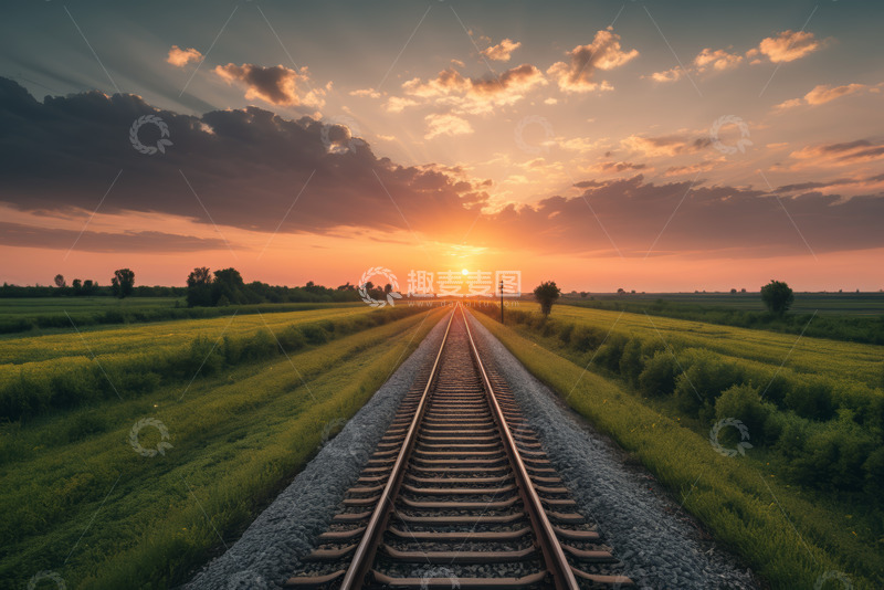 高清大图下载【趣麦麦图】夕阳下延伸的铁路风景