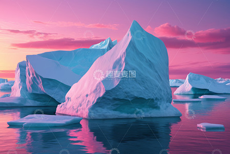 海洋上的冰山与粉紫色天空景观