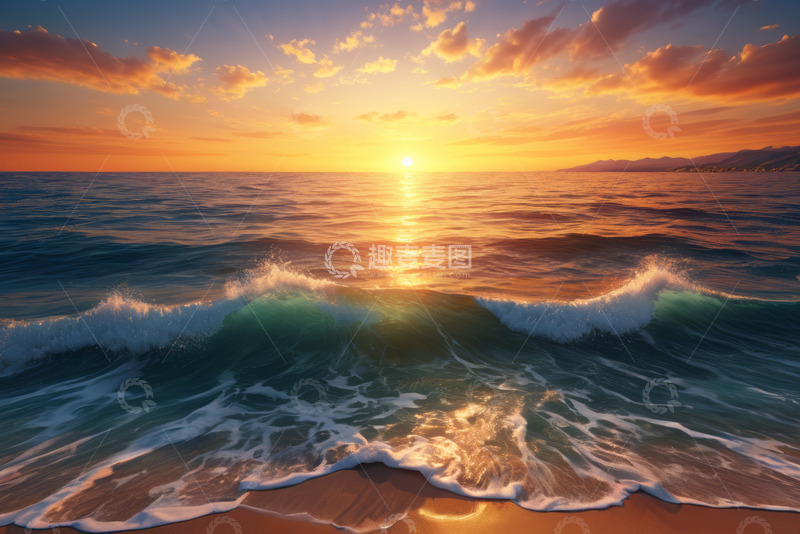 高清大图下载【趣麦麦图】海上日出海浪沙滩风景