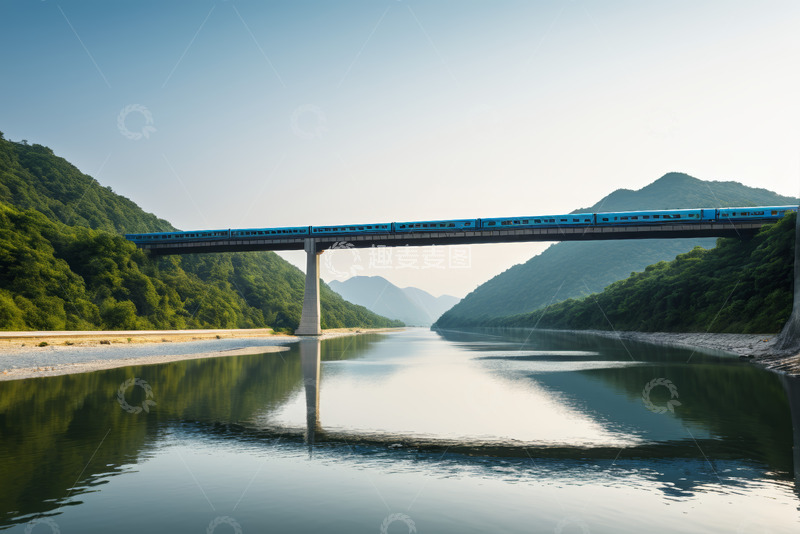 高清大图下载【趣麦麦图】河流上桥梁行驶的蓝色火车