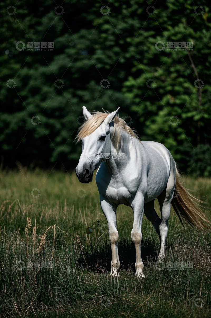 高清大图下载【趣麦麦图】草原上的白色骏马