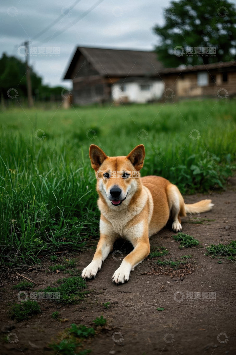高清大图下载【趣麦麦图】田园草地趴着的黄狗