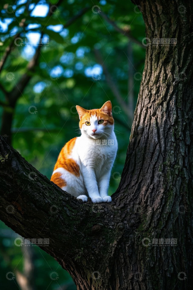 高清大图下载【趣麦麦图】树上的橙白相间猫咪