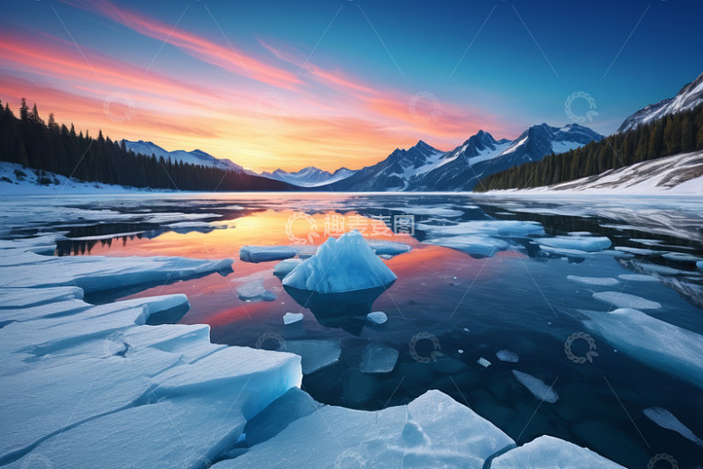 雪山下湖面浮冰与绚丽天空