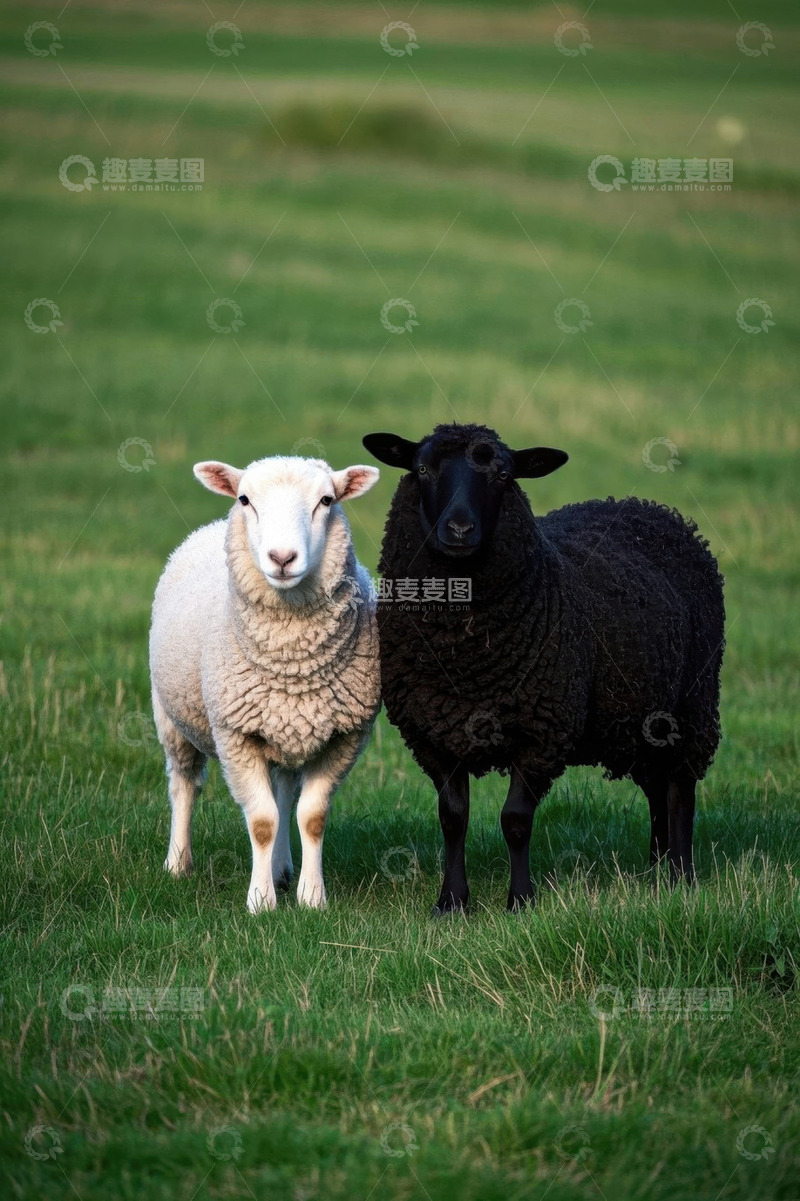 高清大图下载【趣麦麦图】草地上一白一黑两只羊