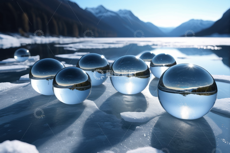 高清大图下载【趣麦麦图】冰面反射球体与山水景观