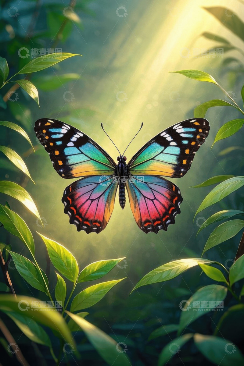 高清大图下载【趣麦麦图】阳光下彩色蝴蝶与绿叶