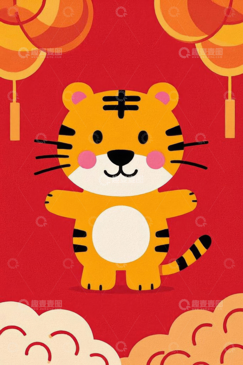 高清大图下载【趣麦麦图】卡通老虎与灯笼喜庆画面