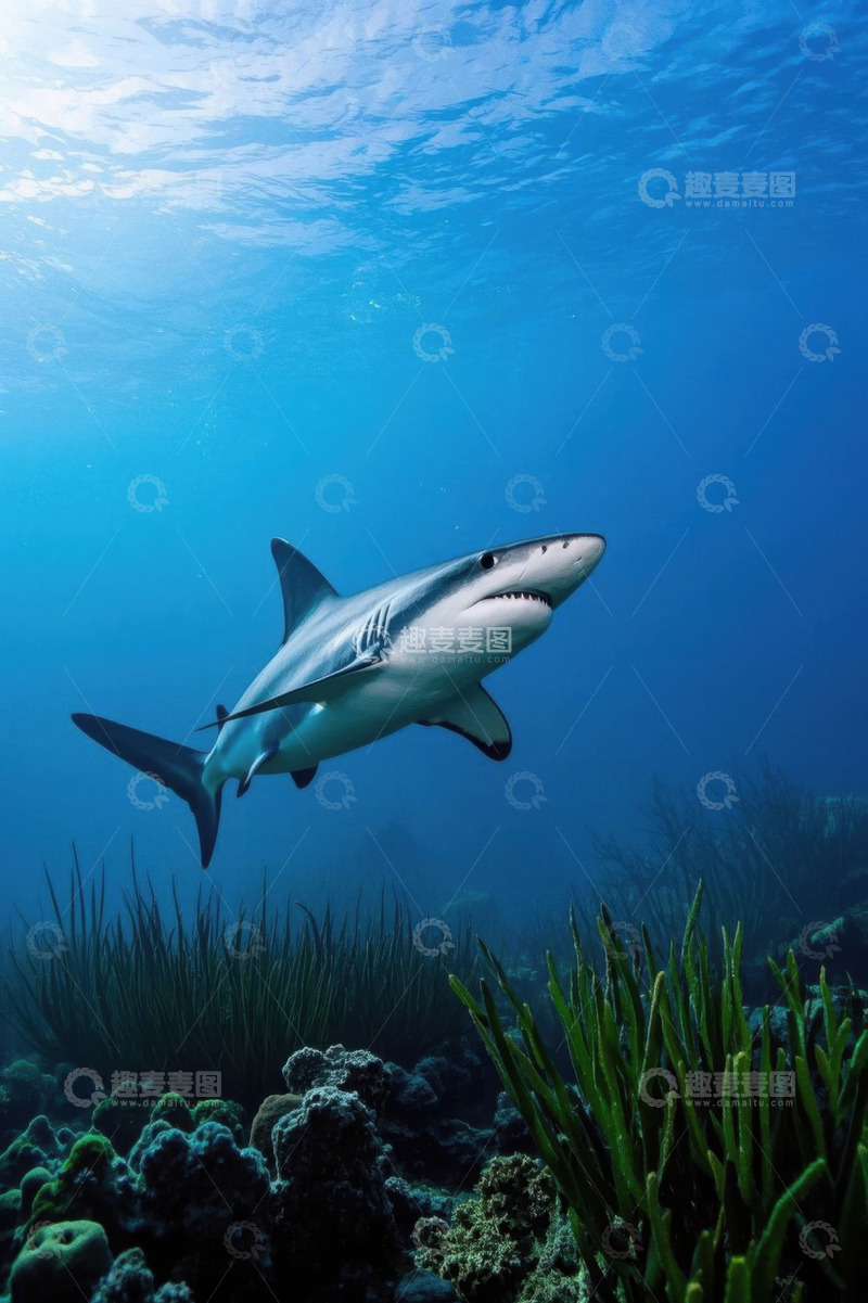 高清大图下载【趣麦麦图】海洋中鲨鱼水下遨游场景