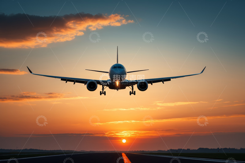高清大图下载【趣麦麦图】夕阳下起飞的客机