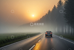 公路上行驶的汽车与日出景观