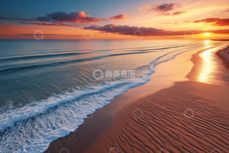 高清大图下载【趣麦麦图】海滩日落海浪拍打沙滩景象