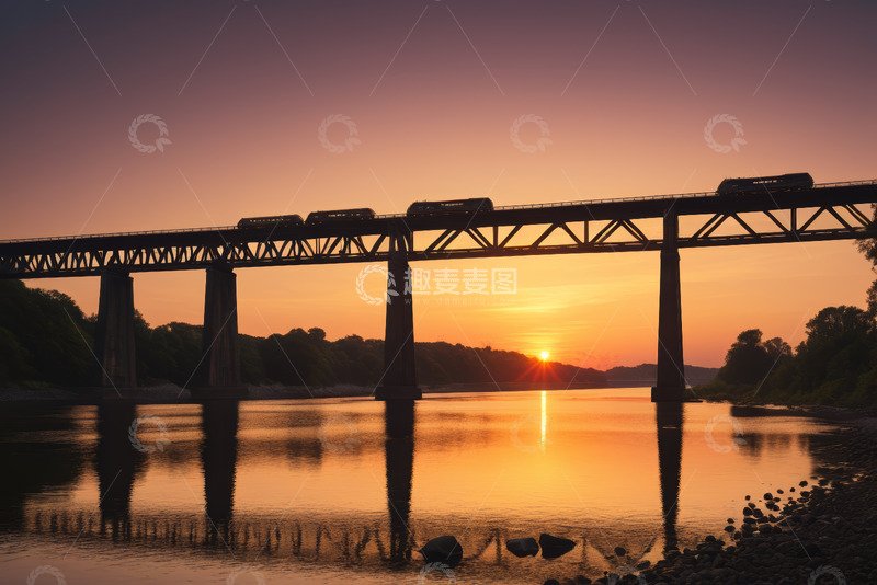 高清大图下载【趣麦麦图】夕阳下火车过桥的景象