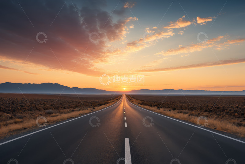 高清大图下载【趣麦麦图】日落时分旷野中的公路