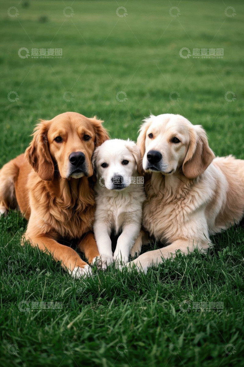高清大图下载【趣麦麦图】草地上的三只金毛犬