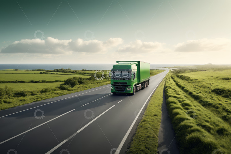 高清大图下载【趣麦麦图】绿色卡车行驶在公路田野间