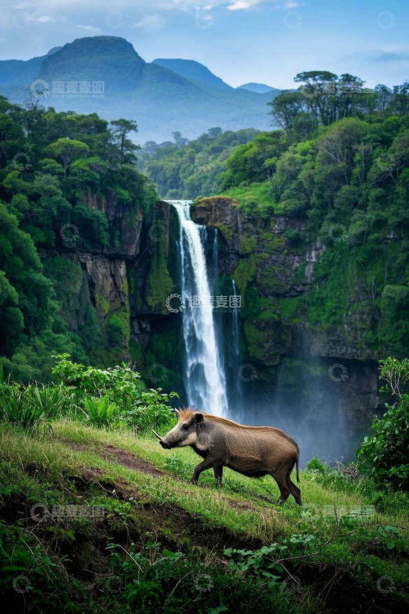 高清大图下载【趣麦麦图】瀑布旁行走的野猪自然风光