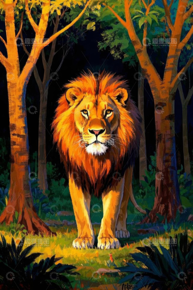 高清大图下载【趣麦麦图】森林中的雄狮插画