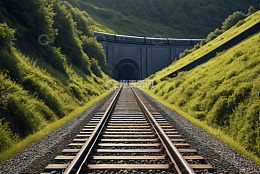 火车驶出山间隧道场景