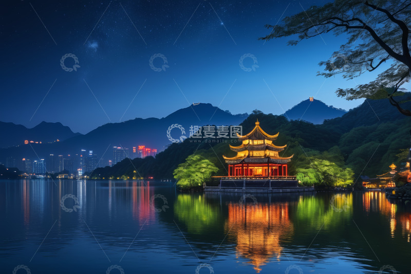 高清大图下载【趣麦麦图】西湖夜景中式建筑湖景风光