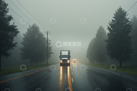 雾中公路行驶的卡车与轿车