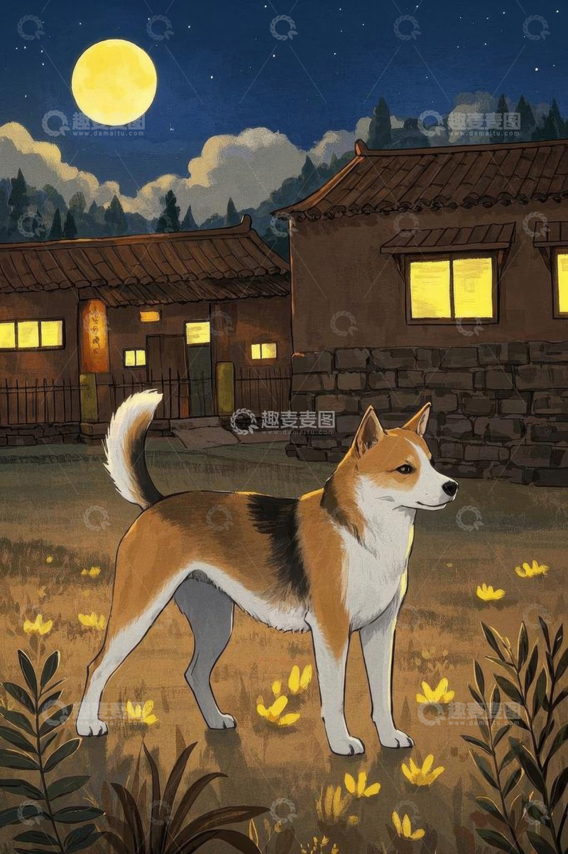 高清大图下载【趣麦麦图】月夜下乡村中的狗