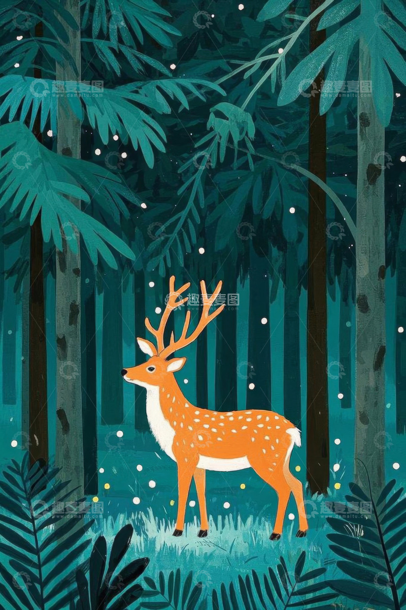 高清大图下载【趣麦麦图】森林中站立的鹿插画