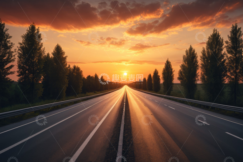 高清大图下载【趣麦麦图】夕阳下的公路与自然风光
