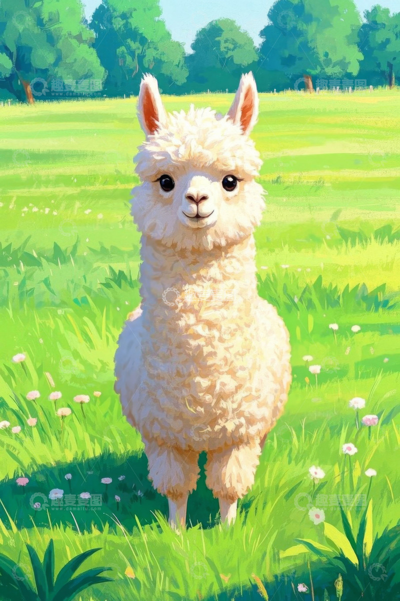 高清大图下载【趣麦麦图】草地上站立的可爱羊驼