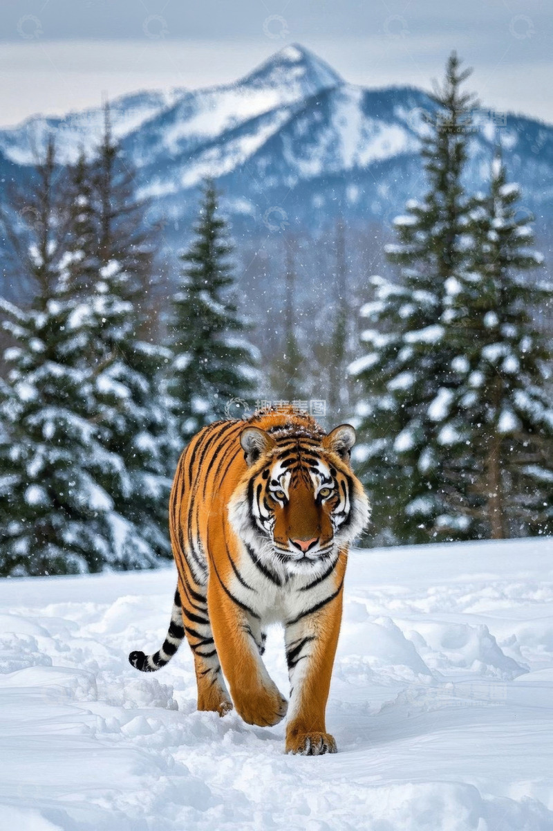 高清大图下载【趣麦麦图】雪地中行走的老虎