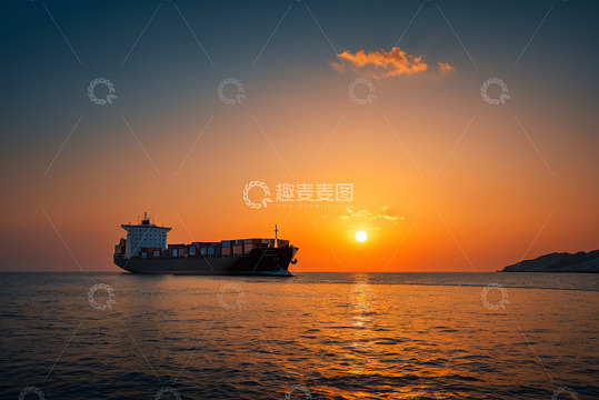 海上日落时的集装箱货船