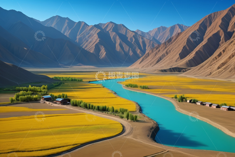 高清大图下载【趣麦麦图】山谷河流旁的田园风光