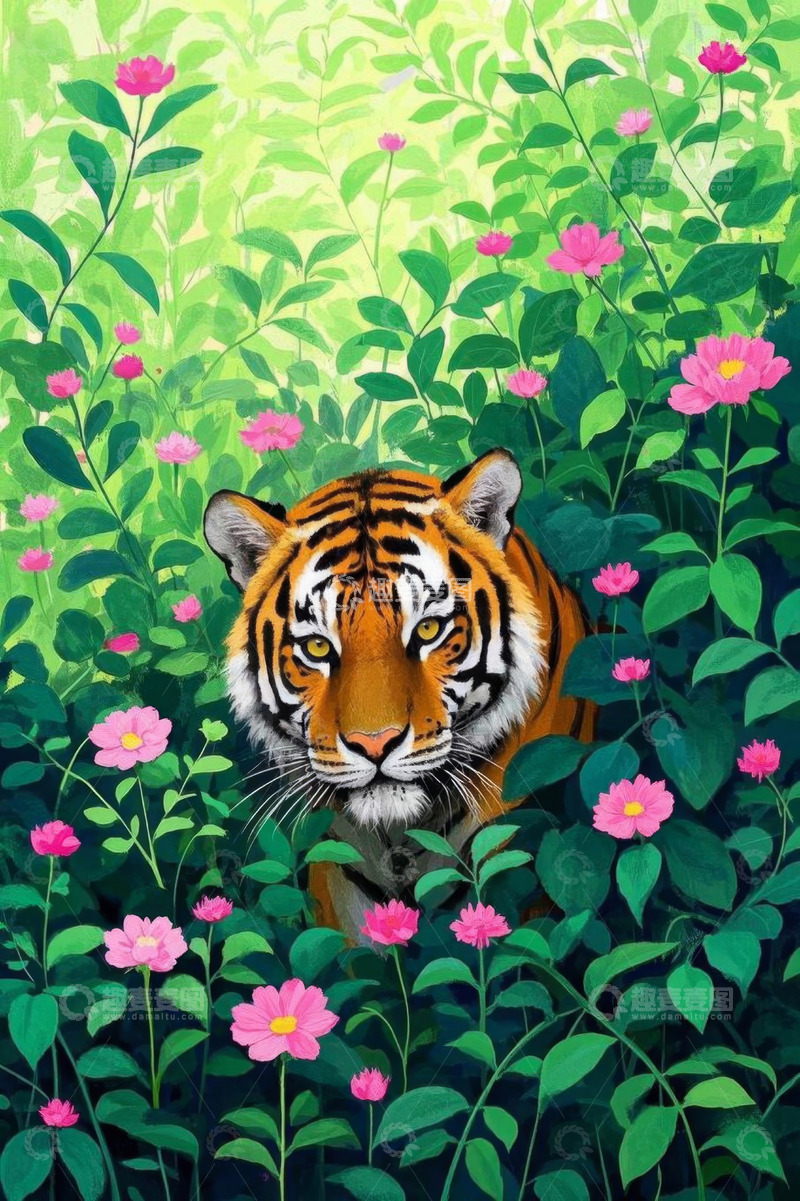 高清大图下载【趣麦麦图】花丛中的老虎特写