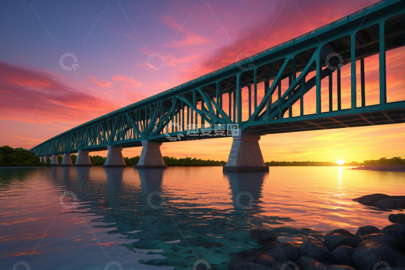 高清大图下载【趣麦麦图】夕阳下跨河大桥景观