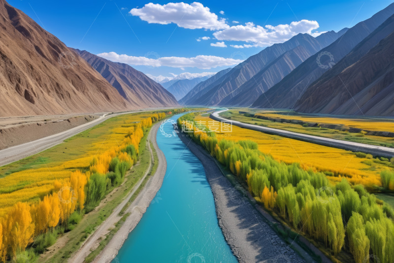 高清大图下载【趣麦麦图】山谷河流与金黄植被风景