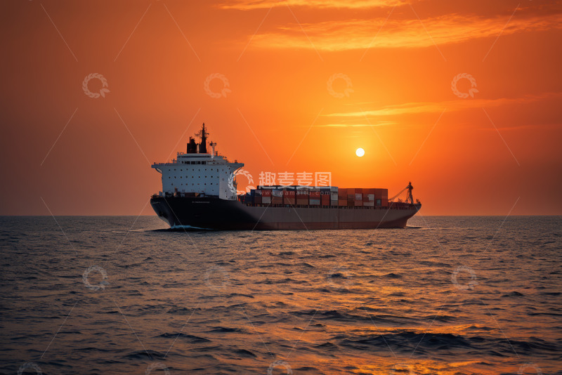 高清大图下载【趣麦麦图】海上集装箱货轮日落景象