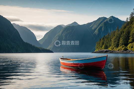 湖中山间停泊的红蓝小船