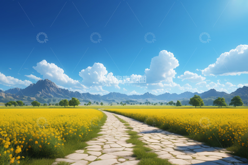 高清大图下载【趣麦麦图】田野间的石板路与蓝天白云