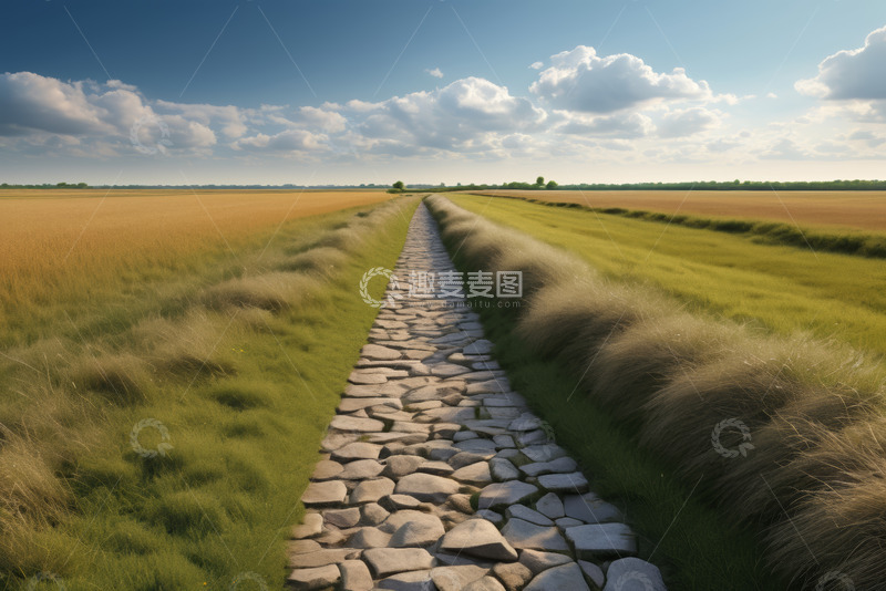 高清大图下载【趣麦麦图】田野间的石板路风景