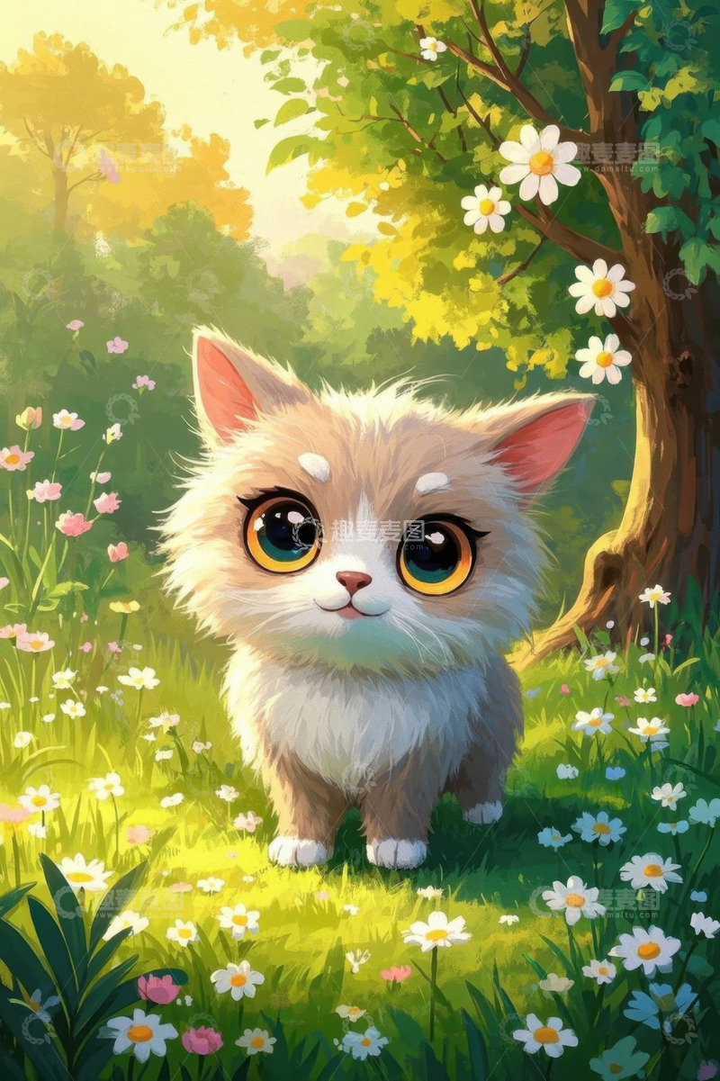 高清大图下载【趣麦麦图】森林中可爱小猫插画