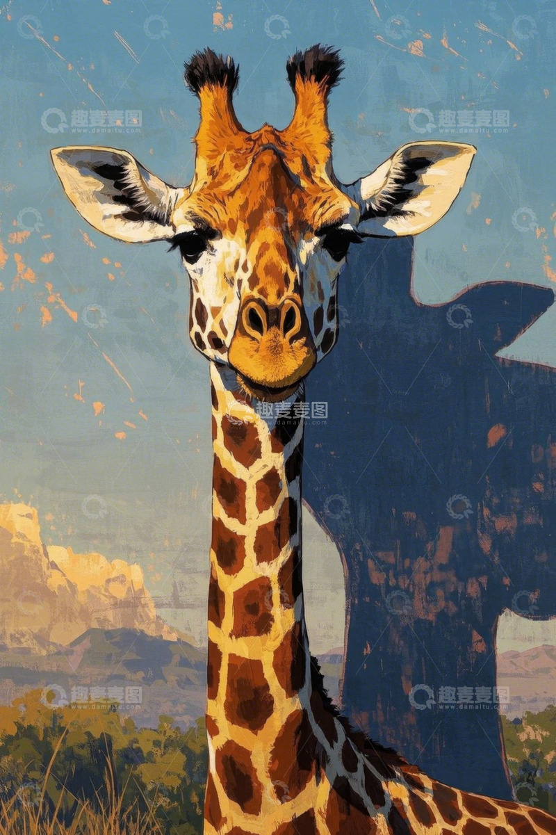 高清大图下载【趣麦麦图】长颈鹿特写插画