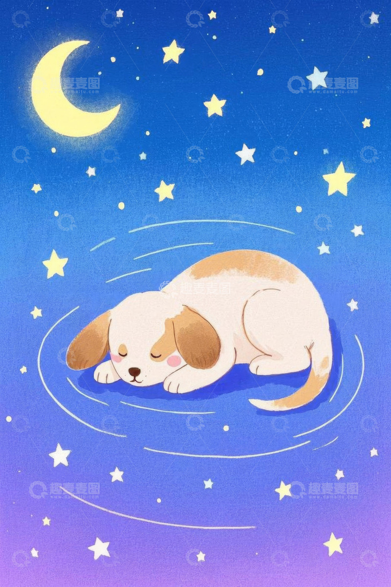 高清大图下载【趣麦麦图】月夜下酣睡的卡通小狗