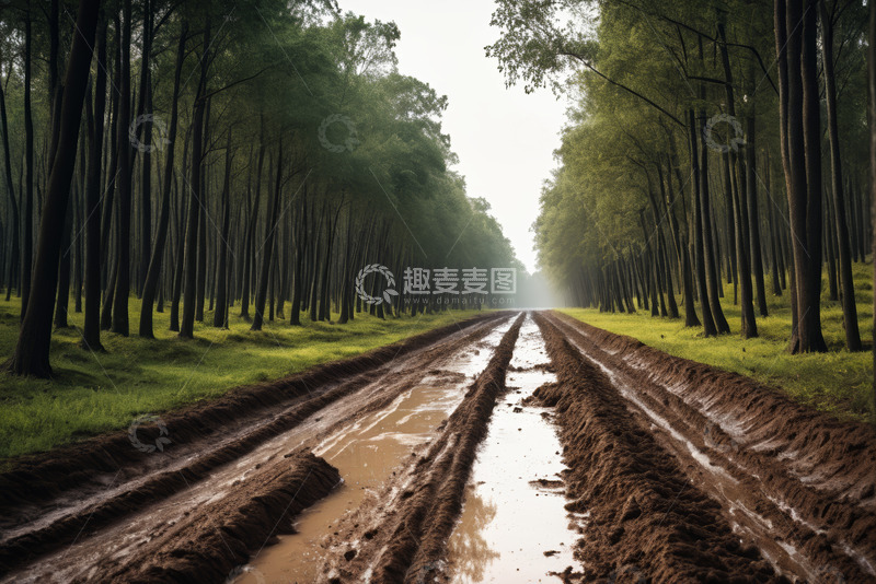高清大图下载【趣麦麦图】林间泥泞道路自然风光